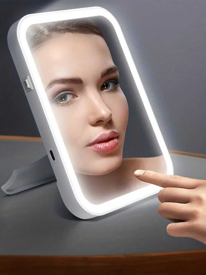 LED portable desktop dormitory makeup mirror with light, square student folding mirror powered by USB or 4 AA dry batteries