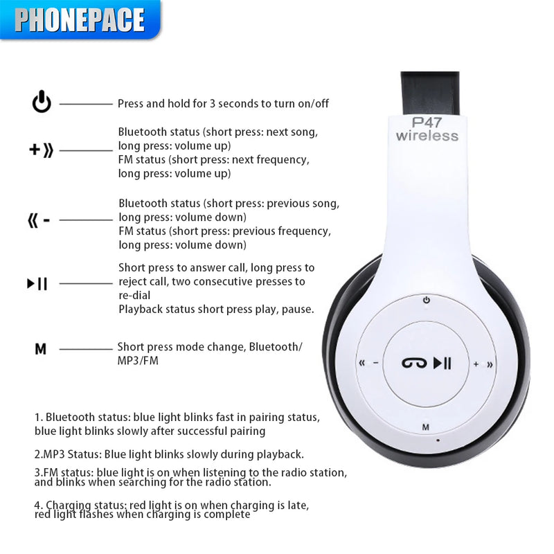 P47 Bluetooth 5.0 Wireless Headphone Foldable HIFI Stereo Bass Earphone Kid Helmet Gift With Mic USB Adaptor For iPhone Game P47