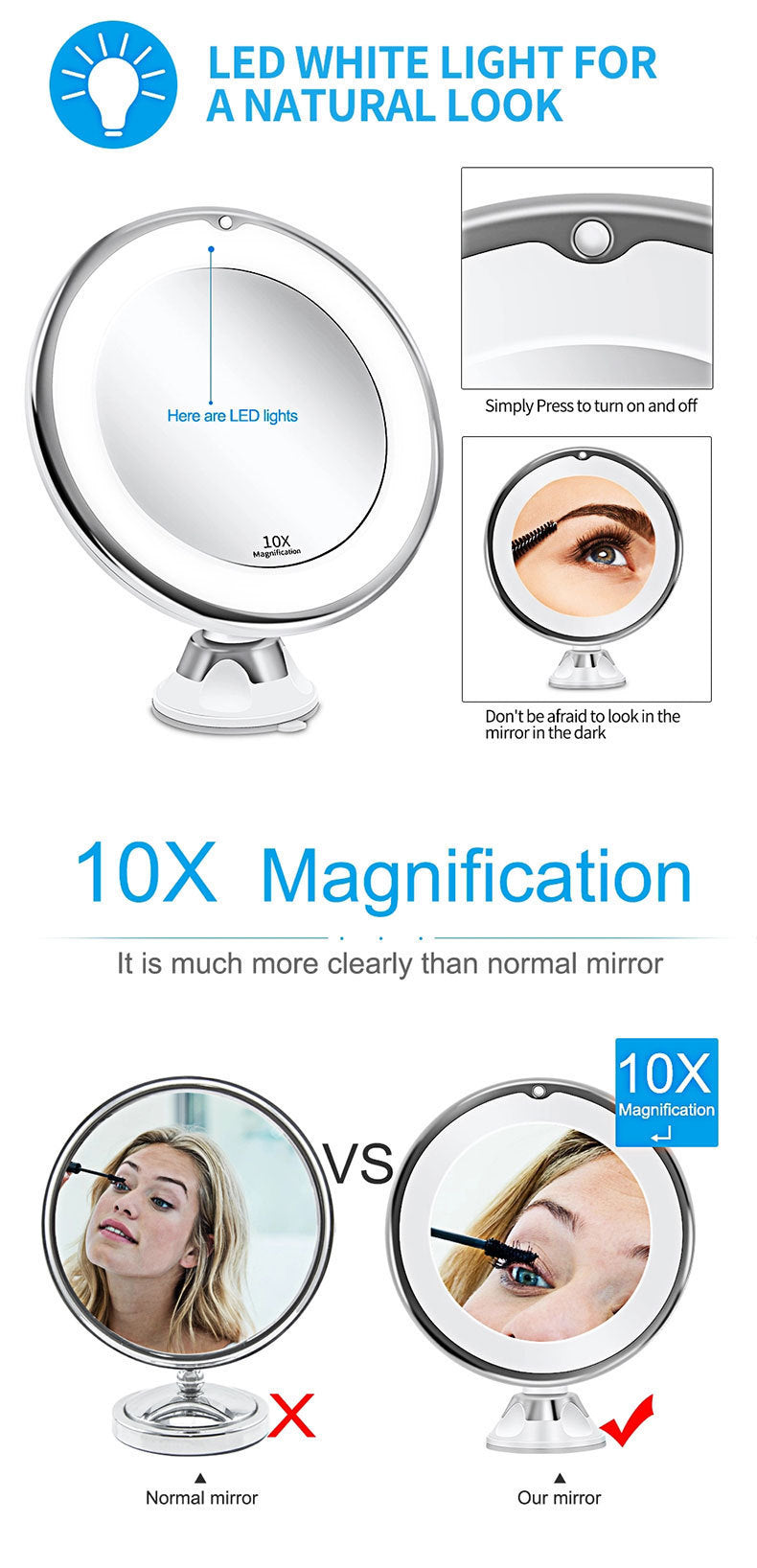 10x Magnifying Vanity Mirror with Lights Touch Screen LED Lighting Dressing Makeup Lamp Bottom Sucker Flexible  Portable Design