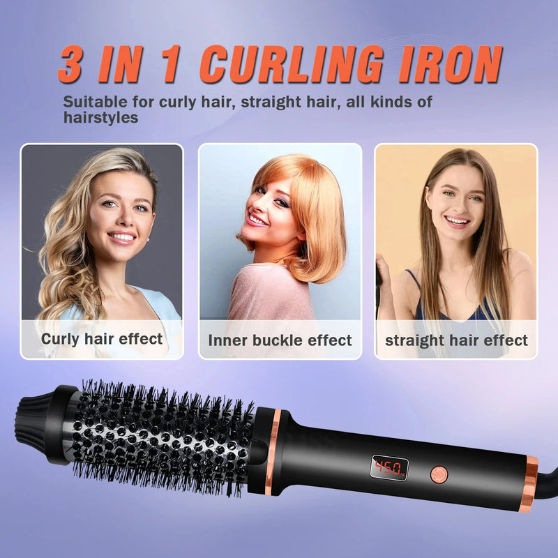 3 In 1 Ionic Hair Curler Straightener Professional Curling Iron Heated Hair Styling Brush Anti-Scald Thermal Brush Curl Wand