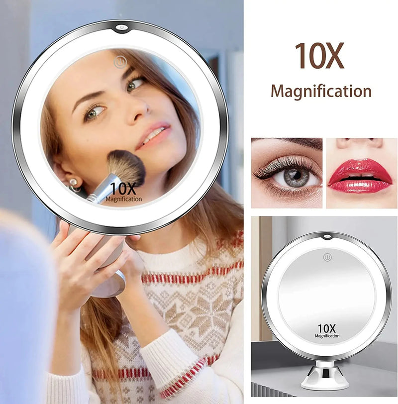 10x Magnifying Vanity Mirror with Lights Touch Screen LED Lighting Dressing Makeup Lamp Bottom Sucker Flexible  Portable Design