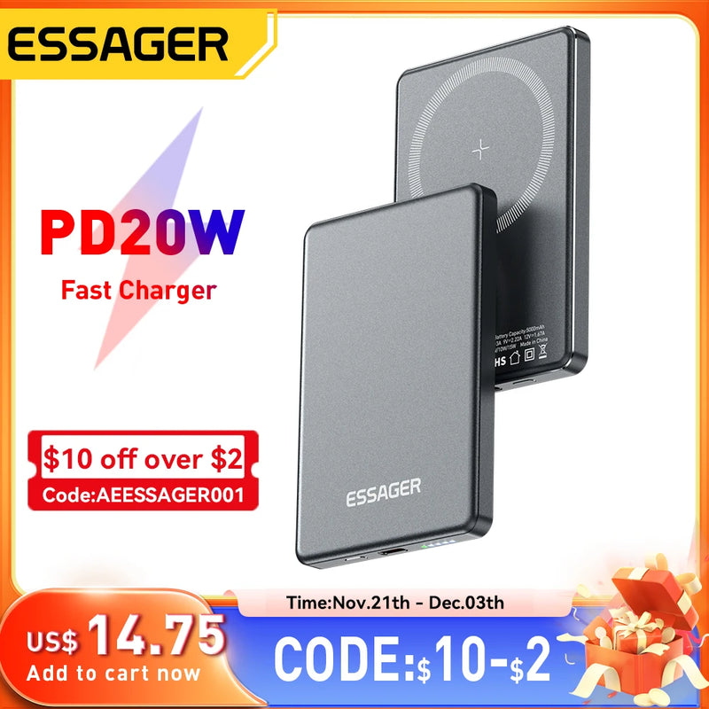 Essager Thin Wireless Power Bank Magnetic 20W 5000mAh Portable Fast Charging External Battery for Magsafe For iPhone 16 15 14 13